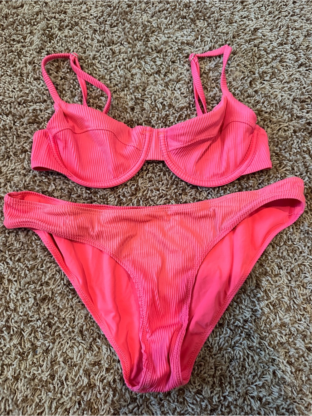 ONE ONE SWIM Ribbed Hot Pink Underwire Bikini Set